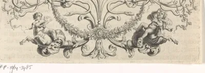 Ornament met guirlande, slangen en putti die op een hond rijden