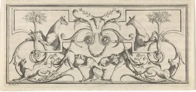 Ornament met herten, jachthonden en bladranken