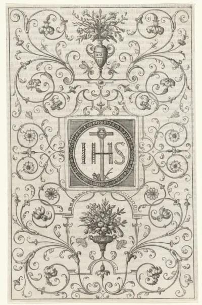 Ornament met het monogram van Christus en bloemen in vazen
