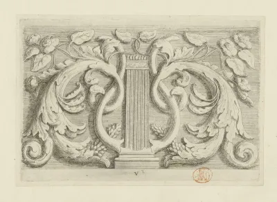 Ornament met lier en bladranken voor op gewelf in het Stadhuis op de Dam