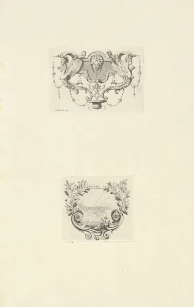 Ornament met mascaron en Ornamenteel cartouche met ondergaande zon