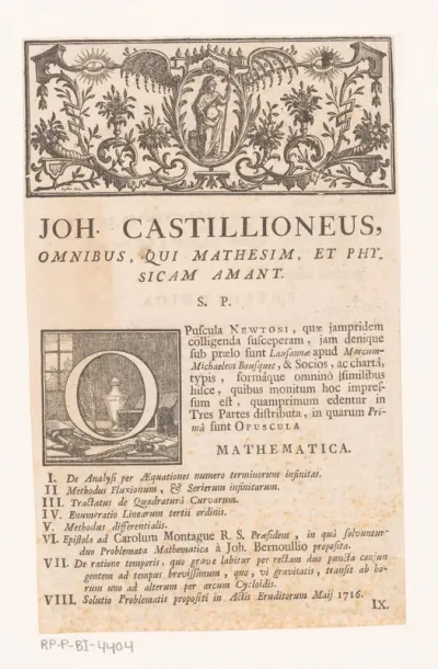 Ornament met Minerva en versierde initiaal met schrijfbenodigdheden