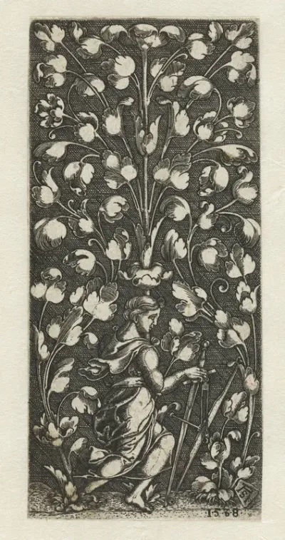 Ornament met personificatie van de Gerechtigheid