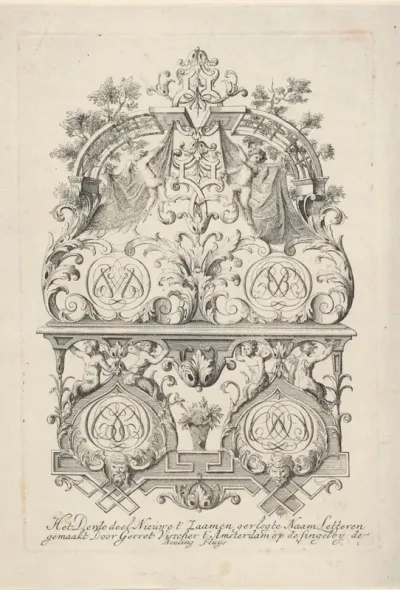 Ornament met putti, hybride figuren en vier monogrammen