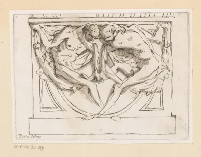 Ornament met twee mannenfiguren en een guirlande