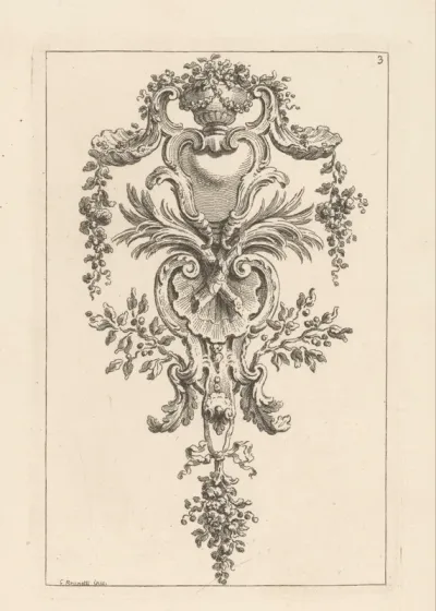 Ornament met vaas, cartouches en palmtakken