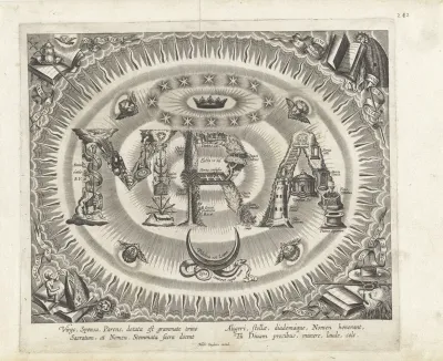 Ornament: Monogram van Maria: MRA opgebouwd uit Mariasymbolen