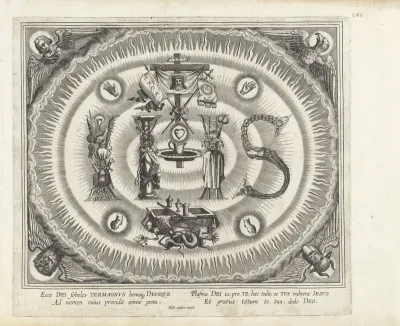 Ornament: Monogram voor Christus 'IHS' , opgebouwd uit de passiewerktuigen