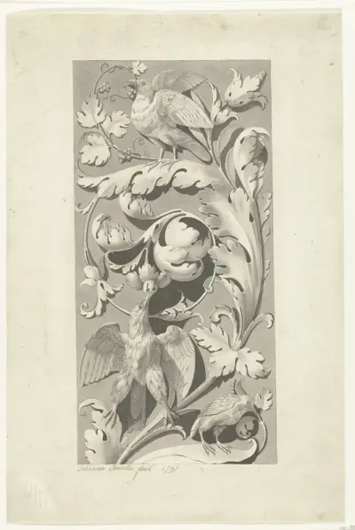 Ornament van bladranken en vogels