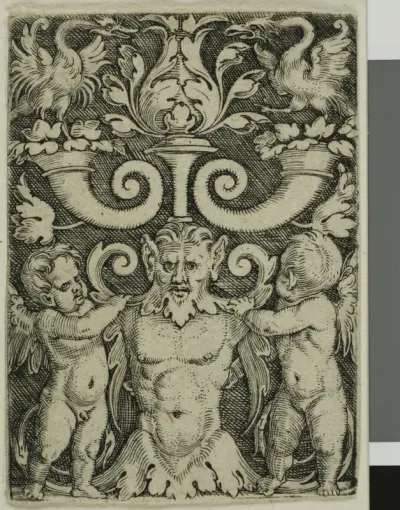 Ornament with a Male Half-Length Between Two Genii