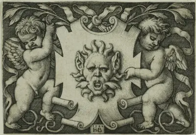 Ornament with a Mask Held by Two Genii