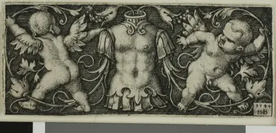 Ornament with Armor and Two Genii, from Four Vignettes