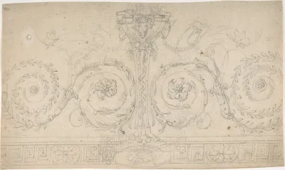 Ornament with Claw-footed Urn, Lynxes, Butterflies and Foliage above a Greek Meander