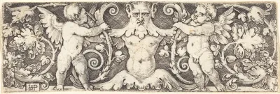 Ornament with Male Half Figure Between Two Genii