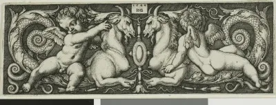 Ornament with Two Genii Riding Chimerical Beasts