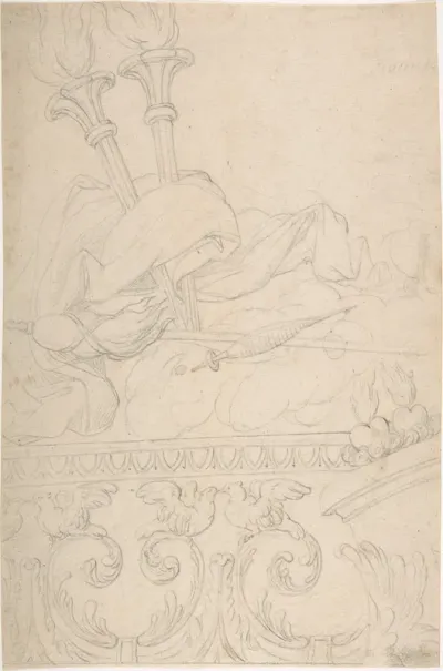 Ornament with Two Torches, a Spindle and Flax above a Rinceau of Doves with Sacred Hearts