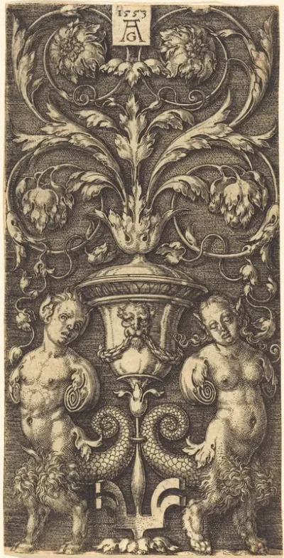 Ornament with Vase and Two Female Figures
