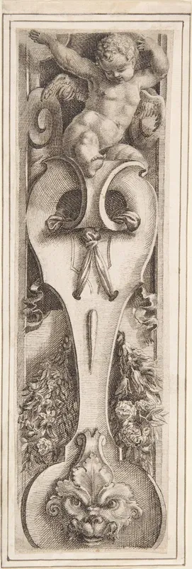 Ornamental Border with a Putto, Scroll, Mask, and Floral Garland
