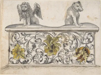 Ornamental design for front of a chest with winged lion and bear