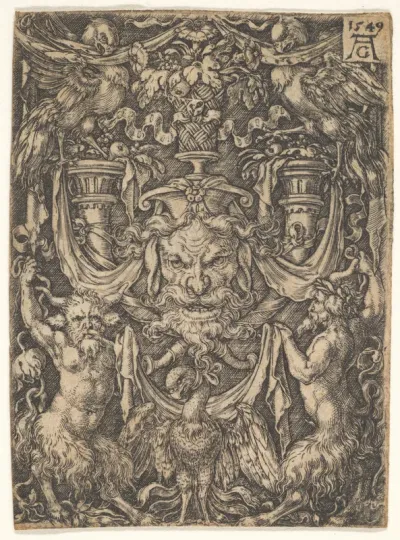 Ornamental Design with a Mask and an Eagle between Two Fauns below