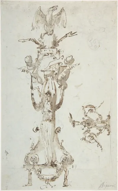 Ornamental Design with Caryatid Figure Standing on Stool and Holding a Bowl; Puttis on the Sides Hold Drapery and Support Base with an Eagle; on the Right Side Decorative Figures with Acanthus surmounted by Flowing.