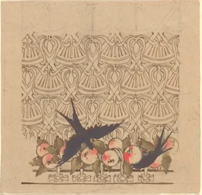 Ornamental design with two birds pecking at fruit