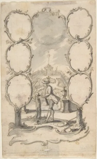Ornamental family tree with man planting a tree and garden beyond