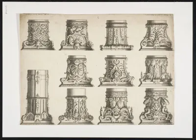 Ornamental leaf with 11 capitals, decorated with masks and leaf motives