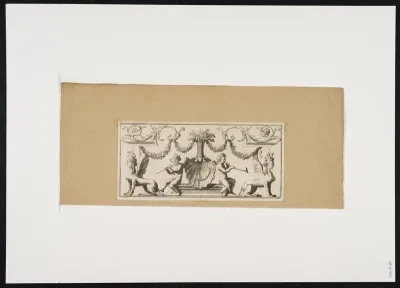 Ornamental leaf with 2 putti, 2 sphinxes, a shell, garlands and foliate scrolls