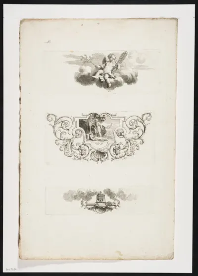 Ornamental leaf with 2 vignettes and a biblical scene in a cartouche with foliate scrolls