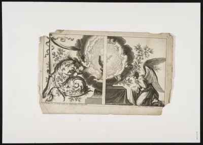 Ornamental leaf with adoration of the Holy Spirit and foliate scrolls
