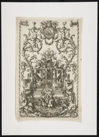 Ornamental leaf with allegorical representation of water and foliate scrolls