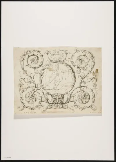 Ornamental leaf with archer, leaf tendrils, floral motifs and a mask