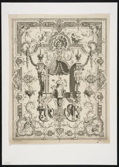 Ornamental leaf with atlantes, caryatids, putti, sphinxes, masks, scrollwork and foliate scrolls