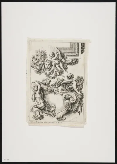 Ornamental leaf with cartouche, putti, masks, satyr, sphinx and floral motifs
