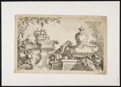 Ornamental leaf with cartouches and trees