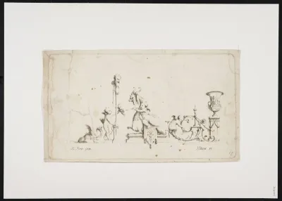 Ornamental leaf with dragons, putti, masks and leafy vines