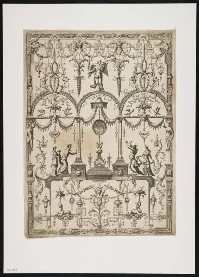 Ornamental leaf with female figures, an angel, caryatids, sphinxes, masks and foliate scrolls