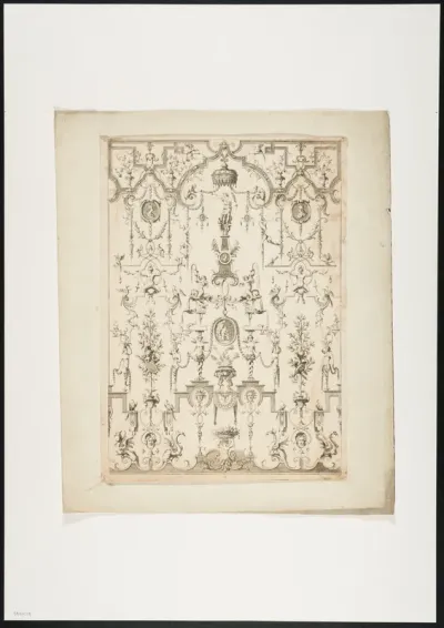 Ornamental leaf with grotesques, foliate scrollwork and mythical figures