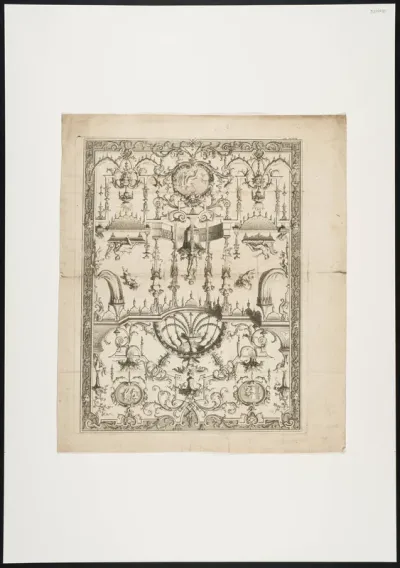 Ornamental leaf with grotesques, mythological figures, masks, putti and leaf vines in a frame
