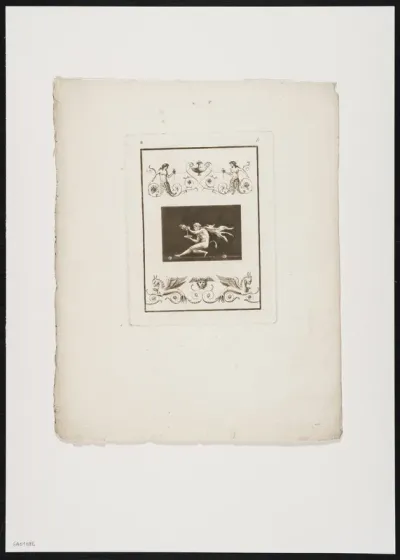 Ornamental leaf with mythical figures and animals, a mask and leafy vines.