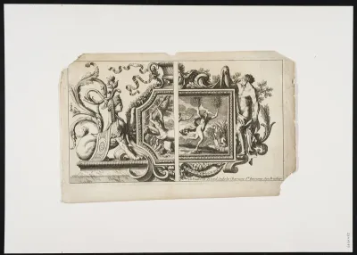 Ornamental leaf with mythical scene in frame, a sphynx and a naked man