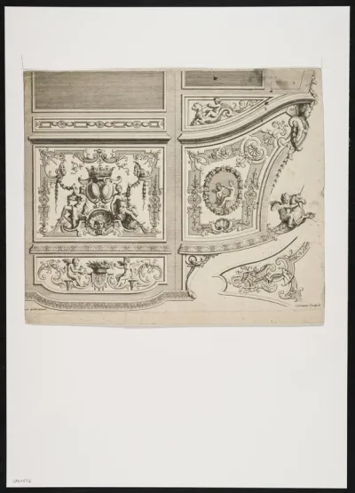 Ornamental leaf with putti, mythical animals and leaf vines