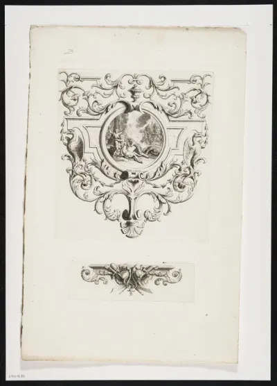 Ornamental leaf with vignette and a biblical scene in a cartouche with birds and foliate scrolls