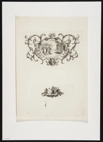 Ornamental leaf with vignette and a biblical scene in a cartouche with masks and foliate scrolls