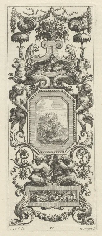 Ornamental Panel Surmounted by a Basket of Flowers and a Garland