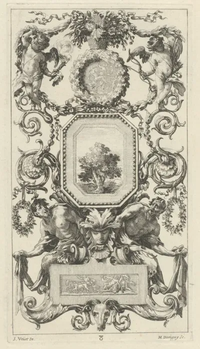 Ornamental Panel Surmounted by a Basket of Flowers with Cupid and Hymen