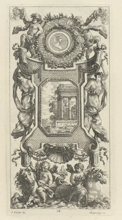 Ornamental Panel Surmounted by a Bust of a Woman and Two Putti with Flaming Trumpets