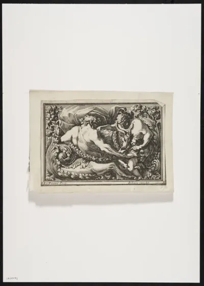 Ornamental panel with 2 male figures, a buck and foliate scrolls