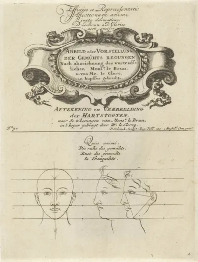 Ornamenteel cartouche en een rustige gezichtsuitdrukking